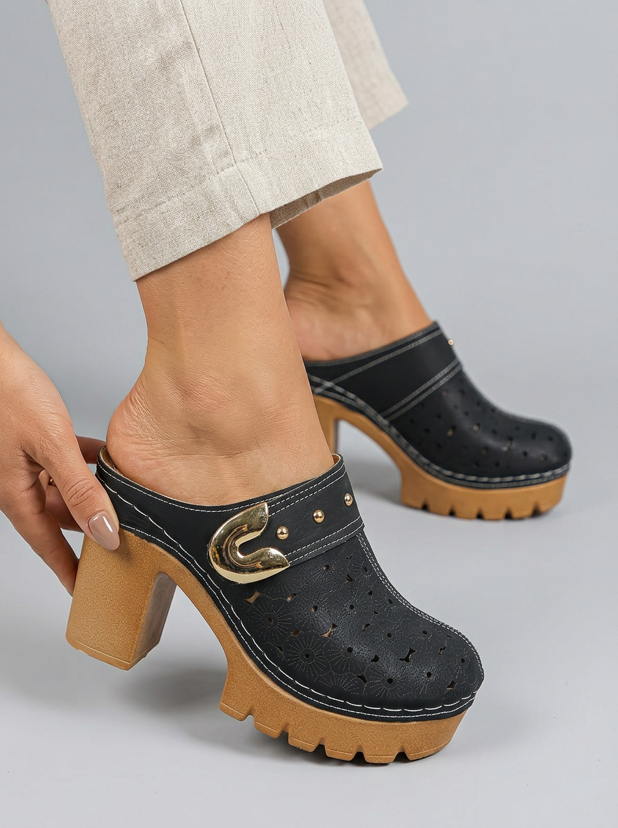 Portofino Nera | Sabot con Tacco Comodo e Plateau Ammortizzato